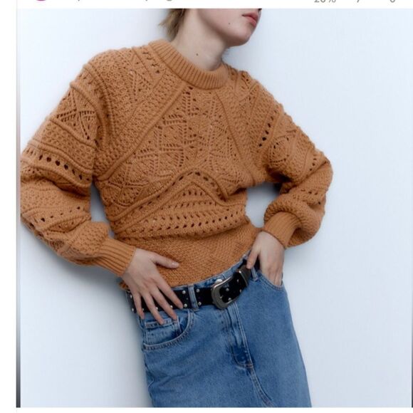 ZARA boho chunky 3D open knit balloon sleeve sweater sz small - Picture 1 of 11
